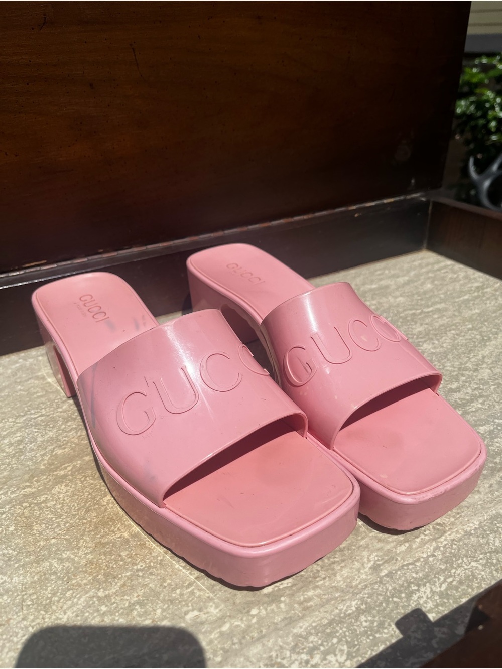 Gucci Pink Platform Slide Mules